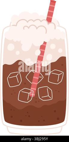 Cola brun glacé avec garniture de mousse de crème fouettée et paille rayée rouge dans le verre rempli de glaçons. Illustration vectorielle stock dans le style plat de dessin animé. Illustration de Vecteur