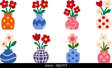 Collection de fleurs de bande dessinée dans des vases décoratifs à motifs. Ensemble floral coloré dans un style plat. Isolé sur fond blanc. Illustration vectorielle stock Illustration de Vecteur