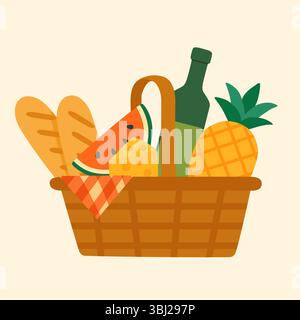 Panier pique-nique vectoriel avec fruits exotiques, fromage et vin. Illustration de style plat Illustration de Vecteur