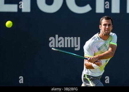 'S-HERTOGENBOSCH, PAYS-BAS - 11 JUIN : Laslo Djere de Serbie joue un revers dans son match de premier tour en simple masculin contre Mark Lajal d'Estonie le jour 3 des Championnats Libema Open Grass court à l'Autotron le 11 juin 2025 à 's-Hertogenbosch, pays-Bas. (Photo de René Nijhuis) Banque D'Images
