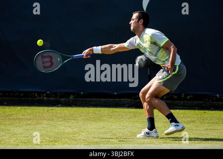 'S-HERTOGENBOSCH, PAYS-BAS - 11 JUIN : Laslo Djere, de Serbie, joue un premier match en simple masculin contre Mark Lajal, d'Estonie, le jour 3 des Championnats Libema Open Grass court à l'Autotron le 11 juin 2025 à 's-Hertogenbosch, pays-Bas. (Photo de René Nijhuis) Banque D'Images