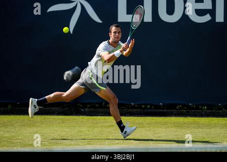 'S-HERTOGENBOSCH, PAYS-BAS - 11 JUIN : Laslo Djere de Serbie joue un revers dans son match de premier tour en simple masculin contre Mark Lajal d'Estonie le jour 3 des Championnats Libema Open Grass court à l'Autotron le 11 juin 2025 à 's-Hertogenbosch, pays-Bas. (Photo de René Nijhuis) Banque D'Images