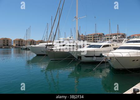 Plusieurs grands yachts à voile et superyachts amarrés à Queensway Quay à Gibraltar, pris près du niveau de l'eau avec des appartements et des maisons derrière Banque D'Images