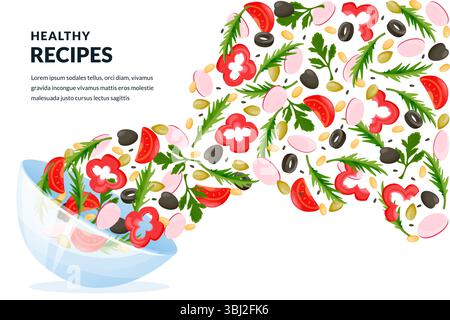 Salade verte de légumes volant du bol en verre. Illustration de dessin animé plat vectoriel. Cuisine saine recettes végétariennes éléments de conception. Ingrédients alimentaires i Illustration de Vecteur