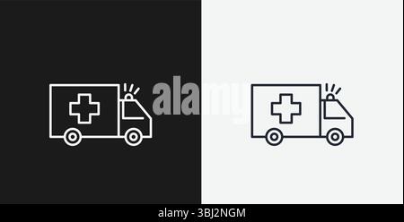 Ambulance avec Croix médicale et sirène sur fond noir et blanc, représentant les services d'urgence ou les soins de santé, icône de contour blanc Illustration de Vecteur