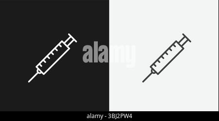 Seringue avec aiguille sur fond noir et blanc, représentant médical, vaccination ou injection, icône contour blanc Illustration de Vecteur