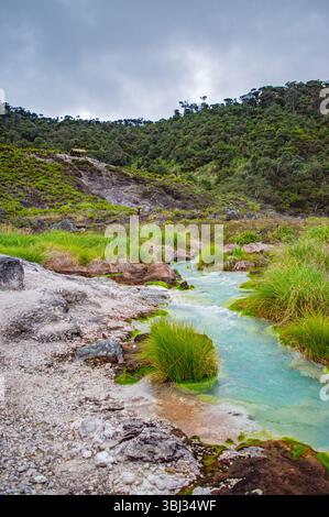 Une vue imprenable sur les sources chaudes de San Juan, avec des eaux turquoises et une végétation luxuriante à Puracé, Cauca, Colombie, idéal pour les amateurs de nature. Banque D'Images