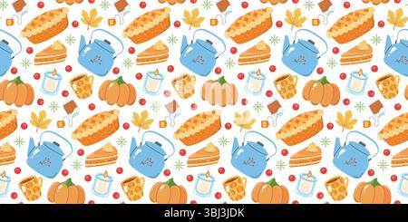 Joli motif sans couture d'automne confortable avec des citrouilles, des théières, des tranches de gâteau, des bougies et des feuilles d'automne. Parfait pour les designs saisonniers, la papeterie, ou Illustration de Vecteur