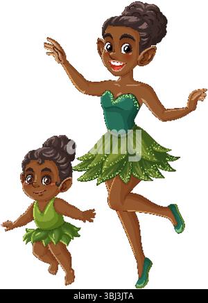 Illustration vectorielle de deux fées dans des tenues vertes, présentant un style fantaisiste et joyeux avec des couleurs vibrantes et des poses ludiques Illustration de Vecteur