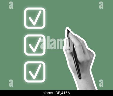 Liste de contrôle avec des marques de coche sur un document. Effectuer des tâches dans un formulaire d'entreprise ou d'enquête, marquer les options terminées avec un crayon et un stylo. Concept d'homme de qualité Banque D'Images