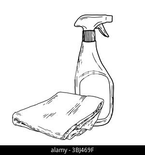 Une bouteille de détergent en plastique avec un capuchon de pulvérisation et un chiffon de nettoyage pour la maison et le bureau, un croquis à l'encre noire et blanche. Illustration vectorielle. Embout pulvérisateur Illustration de Vecteur
