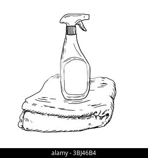 Une bouteille de détergent en plastique avec un capuchon de pulvérisation et un chiffon de nettoyage pour la maison et le bureau, un croquis à l'encre noire et blanche. Illustration vectorielle. Embout pulvérisateur Illustration de Vecteur
