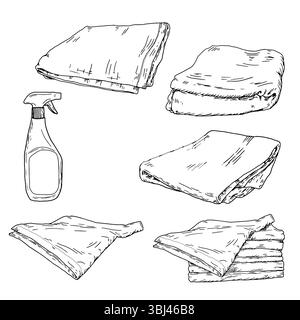Une bouteille de détergent en plastique avec un capuchon de pulvérisation et un chiffon de nettoyage pour la maison et le bureau, un croquis à l'encre noire et blanche. Illustration vectorielle. Embout pulvérisateur Illustration de Vecteur