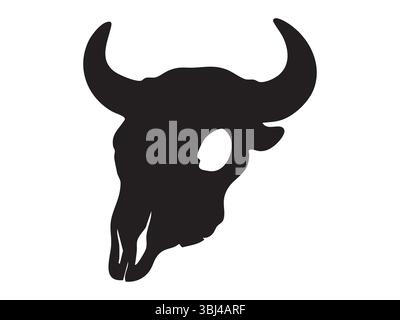 Silhouette noire de crâne de taureau avec de grandes cornes isolées sur fond blanc, illustration vectorielle. Concept de décor occidental, symbole animal sauvage, cattl Illustration de Vecteur