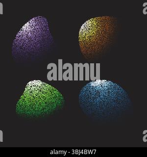 Ensemble de quatre formes abstraites colorées avec texture de bruit demi-ton, gradients granuleux et forme liquide fluide sur fond sombre. Illustration de Vecteur