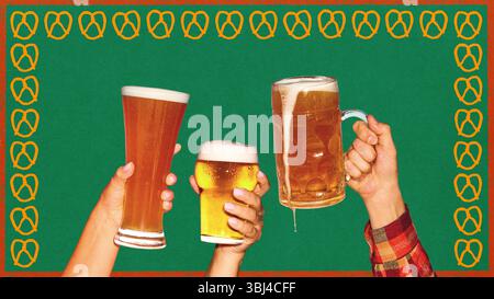 Trois mains lèvent différents verres à bière dans un geste de célébration avec cadre de bretzel sur fond vert vibrant. Collage d'art conceptuel. Flat folk Banque D'Images