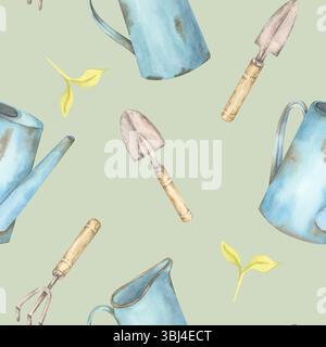 Arrosoirs, outils de jardin et feuilles vertes à l'aquarelle sur fond olive pâle. Clipart de modèle sans couture peint à la main idéal pour les planificateurs, les kits numériques, ou les imprimables de jardin saisonnier Banque D'Images