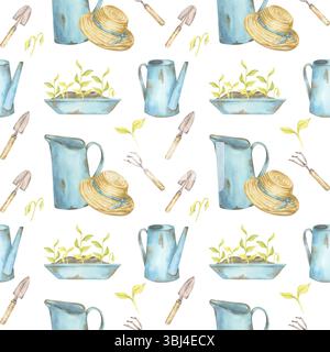 Plantes germantes, pichets bleus, outils à main, et chapeaux de paille dans clipart aquarelle. Motif sans couture de jardinage, idéal pour les inserts de planificateur, le papier d'emballage et les emballages sur le thème du jardin Banque D'Images