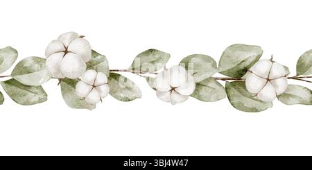 Bordure sans couture aquarelle avec fleurs de coton blanches et feuilles d'eucalyptus. Dessin de motif botanique pour cartes de voeux ou invitations de mariage. Illustration de cadre avec des feuilles dans des couleurs douces. Banque D'Images