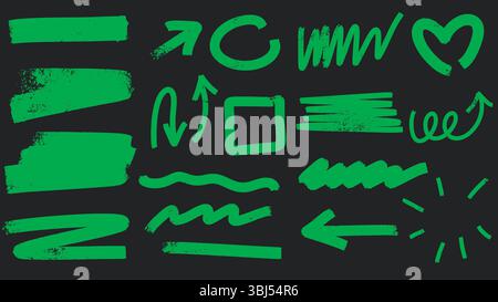 Ensemble de traits et de flèches de marqueur néon lumineux. Surligneurs acide vert dessinés à la main. Pinceau griffonnages pour la conception de texte, éléments vectoriels Illustration de Vecteur