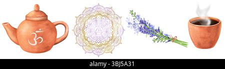 Un faisceau de cliparts d'aquarelle sur le thème du chakra couronne de l'équilibre. Théière en terre cuite, une tasse de thé chaud, bouquet de lavande, un Sahasrara lilas doré Banque D'Images