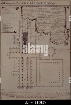 Plan Ichnographique de l'église Cathédrale de Salisbury, 1720-1780. Plan de la cathédrale de Salisbury, Wiltshire. Moyens ichnographiques de ou se rapportant à l'art de dessiner des plans de terrain. Affichage : 'Nef de l'église, la grande île de Croix, espace derrière l'autel, Chapelle [chapelle] de la Sainte Vierge, Chapelle de Hungerford fondée en 1464, Beauchamps construit abt. Dans le même temps, la chapelle Saint-Edmond, la chapelle Sainte-Marguerite, l'entrée dans la Vestry, la Vestry, la Cour du chancelier, la police, les entrées dans l'église, les escaliers jusqu'à la bibliothèque, cloîtres, Maison du Chapitre, et monuments pour les évêques de SAR Banque D'Images