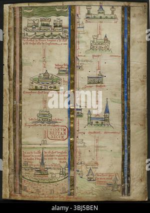 Partie d'un itinéraire de Londres à Jérusalem, couvrant le voyage de Londres à Beauvais, avec des représentations des principales villes, 1250-1259. De Historia Anglorum de Matthew Paris. [St Albans, Angleterre, 1250-1259] Banque D'Images