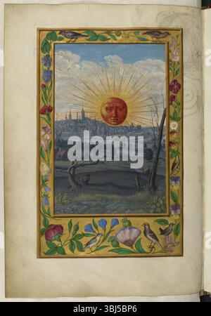 Le Soleil à visage humain, 1582. Illustration du Cinquième Traité : le Soleil à visage humain se lève au-dessus d'une ville sombre et d'un paysage de campagne ; bordures décorées d'oiseaux et de fleurs. De Splendor Solis (la splendeur du Soleil), texte alchimique illuminé. Banque D'Images
