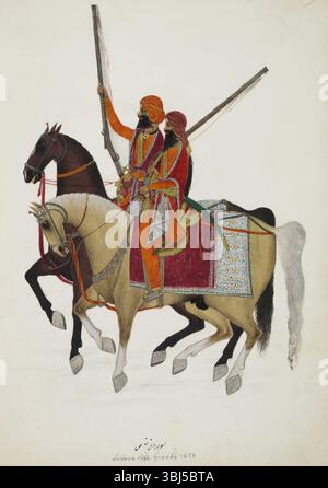 Garde du corps de Ranjit Singh, 1838-39. Deux cavaliers sur des montures richement caparisées. Inscrit en caractères persans : Sawardan i khass ; en anglais Lahore Life Guards 1838. Banque D'Images