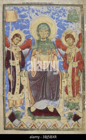 La Vierge intronisée, entre deux archanges, 1121-1161. 'Ici est faite Reine du ciel'. Extrait du psautier Winchester [Psautier d'Henri de Blois ; Psautier de réussi Swithun], produit à Winchester [Prieuré de parfait Swithun, ou abbaye de Hyde]. Banque D'Images