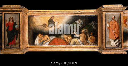 Prédelle avec trois scènes de Saint Roch, et des figures de Saint Pierre, Christ comme Salvator Mundi, Saint Laurence et Saint Paul, entre 1580 et 1620. Banque D'Images