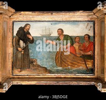 Prédelle avec trois scènes de Saint Roch, et des figures de Saint Pierre, Christ comme Salvator Mundi, Saint Laurence et Saint Paul, entre 1580 ? et 1620 ?. Banque D'Images