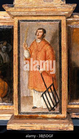 Prédelle de Saint Laurence avec trois scènes de Saint Roch, et des figures de Saint Pierre, Christ comme Salvator Mundi et Saint Paul, entre 1580 ? et 1620 ?. Banque D'Images