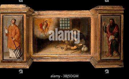 Prédelle avec trois scènes de Saint Roch, et des figures de Saint Pierre, Christ comme Salvator Mundi, Saint Laurence et Saint Paul, entre 1580 ? et 1620 ?. Banque D'Images