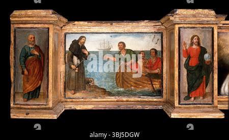 Prédelle avec trois scènes de Saint Roch, et des figures de Saint Pierre, Christ comme Salvator Mundi, Saint Laurence et Saint Paul, entre 1580 ? et 1620 ?. Banque D'Images