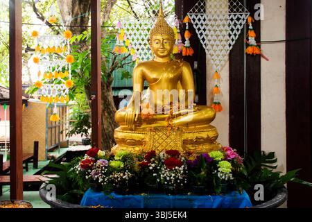 Les voyageurs thaïlandais se joignent à la célébration locale traditionnelle mérite rite verser et rite saupoudrer l'eau parfumée sacrée et les pétales de fleurs sur l'image de bouddha s. Banque D'Images