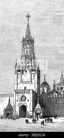 Croquis à Moscou, par notre artiste spécial : la porte sacrée du Kremlin, 1874. Vue de '...la Spass Vorota, ou porte du Sauveur, l'une des entrées de l'enceinte palatiale du Kremlin, avec son image de notre Seigneur et une lampe allumée fixée au-dessus de la porte dans la tour de la porte...le Kremlin, qui est l'enceinte du palais de Moscou, dans le centre de la ville,...est entouré de murs de 30 pieds. à 50 pieds haut et 12 pieds ou 16 pieds épais, avec des remparts et des embrasures, de nombreuses tours, et cinq portes principales. Dans cette infermeture se trouvent le vieux palais restauré des tsars et le nouveau palais, reconstruit Banque D'Images
