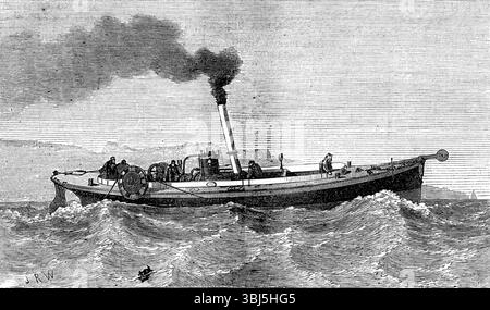 Lancement à vapeur du nouveau câble télégraphique Faraday, 1874. Il est équipé d'un jet de vapeur, construit par MM. Yarrow et Hedley. L'utilisation du lancement est de remorquer des barges pour poser les extrémités du câble sur des côtes que les grands navires ne peuvent pas approcher... il a une vitesse de neuf milles à l'heure. Elle a une vis métallique pistolet à trois pales de 2 pieds. 9 po. de diamètre et 3 pieds 5 en pas, et est capable de remorquer une barge chargée de cinquante tonnes de câble. Les moteurs sont agencés pour entraîner d'autres machines en plus de l'hélice à vis, en vue du service spécial pour lequel le navire est des Banque D'Images