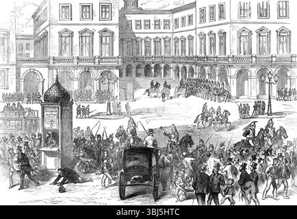 Garde municipale de Paris dispersant la foule à la gare de Lazare, 1874. 'L'agression personnelle sur M. Gambetta par un militaire bonapartiste se faisant appeler le comte de la Croix a été racontée dans notre dernier [numéro], avec la condamnation du Tribunal de la police correctionnelle sur l'auteur de cet outrage. La Garde municipale, immédiatement après la bagarre au terminus du chemin de fer de Versailles, place du Havre, dégage d'abord le grand escalier et les halls, et ensuite tout l'espace à l'extérieur de la gare, d'une grande foule qui s'y rassemble. Aucun n'a été autorisé à passer mais Banque D'Images