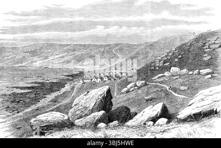 Whitsand Bay, Land's End, Cornwall, où le nouveau câble Atlantique a été débarqué, 1881. Cet endroit, près de l'extrémité ouest de Cornwall, a été récemment choisi pour le point d'atterrissage et le terminus du nouveau câble télégraphique sous-marin de l'autre côté de l'Atlantique. Le câble a été débarqué avec succès le 21 juillet, par le bateau à vapeur Faraday de la Telegraph construction Company, sur la rive de la baie. Il est attenant au hameau de Sennen... le nom de l'endroit est derived...from le sable fin blanc calcaire qui recouvre son rivage... les roches d'ardoise et de granit, qui forment une jonction à ce point de la Cornouailles coa Banque D'Images
