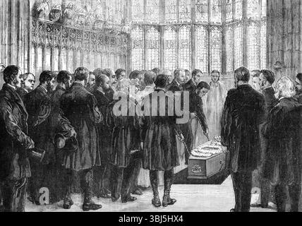 Funérailles du doyen Stanley dans la chapelle Henry VII, abbaye de Westminster, 1881. Le cercueil était « ... couvert de couronnes florales et d'emblèmes envoyés comme dernier hommage de nombreux amis au défunt Dean... à dix minutes à quatre heures, le cercueil, porté sur les épaules de six hommes, quitta le doyen, le fait étant annoncé au public extérieur par le péage de la cloche, et à ceux à l'intérieur de l'abbaye par l'orgue donnant les notes du chant doux et solennel de Haendel, "je sais que mon Rédempteur vit."...le cercueil était recouvert d'une pâle de velours noir bordé de soie blanche, et sur lui l Banque D'Images