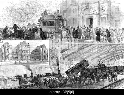 La collision fatale du chemin de fer à Blackburn, 1881. « 1. Arrivée des passagers blessés à l'infirmerie. 2. L'infirmerie Blackburn. 3. Scène dans la station Blackburn après la collision... sept vies ont été perdues par la catastrophe qui s'est produite le lundi week...it était le devoir du conducteur de s'arrêter à temps pour s'arrêter avant qu'il n'atteigne le point où l'autre moteur se trouvait... le conducteur a appliqué le frein Westinghouse... ; mais pour une cause inexpliquée, le frein n'a pas réussi à saisir les roues, et le train s'est précipité dans la station à grande vitesse. Le moteur de l'Express a heurté les moteurs de manœuvre Banque D'Images