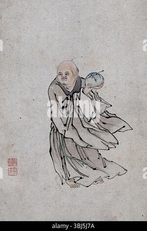 Un Chinois tenant un bol contenant une cuillère, (entre 1800 et 1899 ?). Banque D'Images