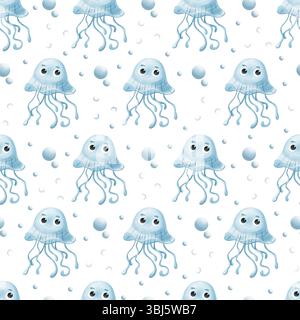 Motif aquarelle sans couture avec mignonne méduse de dessin animé dans des tons bleus et roses doux. Design sous-marin ludique, parfait pour les textiles pour enfants, infirmière Banque D'Images