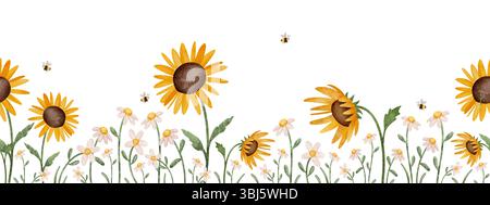 Bordure sans couture avec marguerites, tournesols et abeilles. Illustrations florales et d'insectes dessinées à la main. Bannière pour textiles pour enfants, décoration de crèche, et Banque D'Images