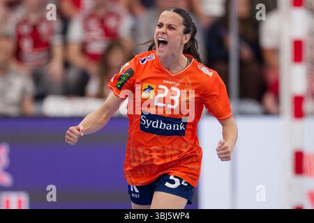 Odense, Danemark. 12 juin 2025. Elma Halilcevic (23 ans) d'Odense Handball vu lors du match de Kvindeliga entre Odense Handball et Team Esbjerg à Sydbank Arena à Odense. Crédit : Gonzales photo/Alamy Live News Banque D'Images