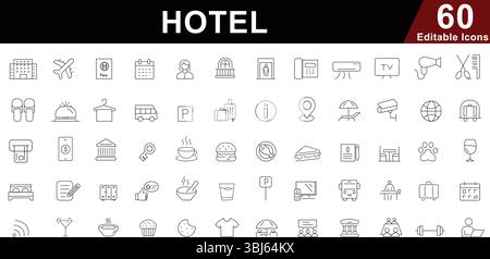 Ensemble d'icônes de lignes hôtelières et hôtelières - symboles de voyage, d'hébergement, de services et de tourisme Illustration de Vecteur