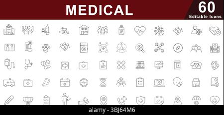 Jeu d'icônes de ligne médicale et de soins de santé - Hôpital, médecin, santé et symboles de traitement Illustration de Vecteur
