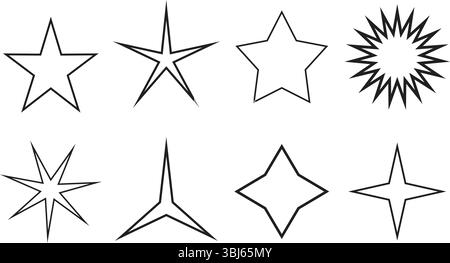 Collection de contours d'étoiles noires uniques avec des formes et des styles variables sur un fond blanc. Inclut un design pointu, arrondi, abstrait et géométrique Illustration de Vecteur