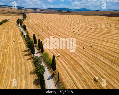 Vue aérienne par drone des champs de foin d'été en Toscane, Italie, avec des collines ondulantes et des tons oranges chauds pendant la saison des récoltes dans la campagne dorée. Banque D'Images